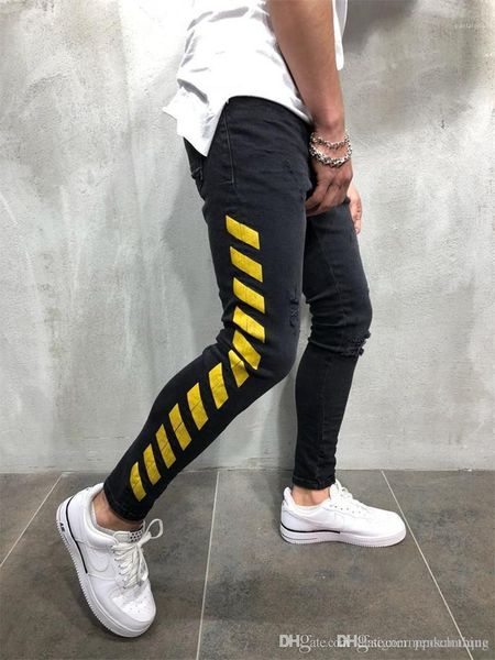 

fashion holes mens skinny pencil pants casual mens mid waist clothing black hiphop striped printed mens jeans, Blue