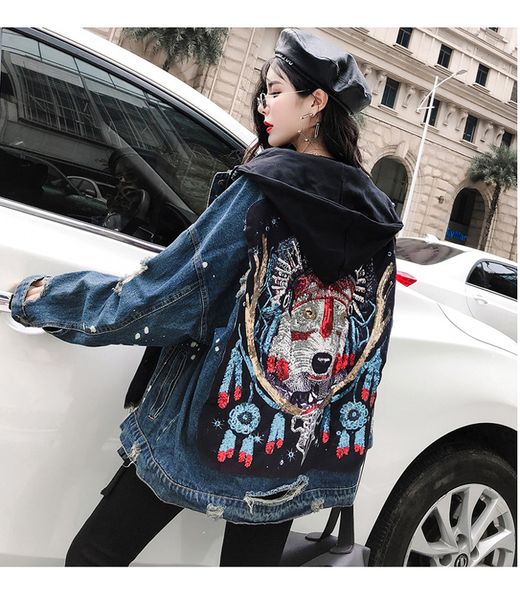 

ladies denim jacket 2019 spring and autumn new heavy duty embroidered sequins hooded long sleeve casual loose denim jacket, Black;brown