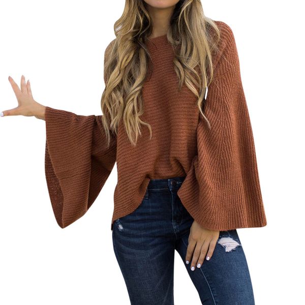 

plus size long sleeve womens brown sweater fashion autumn winter knitting pullover flare sleeve sweater blouse, White;black