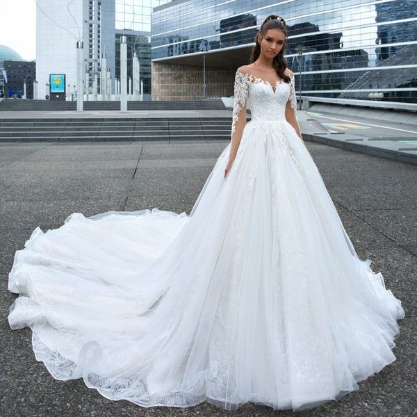 

classy beaded lace wedding dresses with long sleeves appliqued a line sheer bateau neck bridal gowns cathedral train tulle vestido de novia, White
