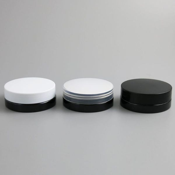 

30pcs empty black plastic sample container with clear white black lid screw cap cosmetic cream serum jar case can 30g 30ml 1oz