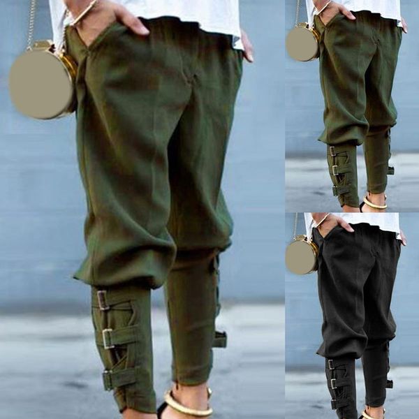 

2019 casual women solid color pockets pants buckles bandage pencil long pants, Black;white