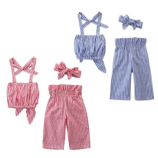 

wholesale summer girls outfits fashion kids designer clothes girls ins baby headbands bowknot tube striped pants 3pcs sets by1428, White