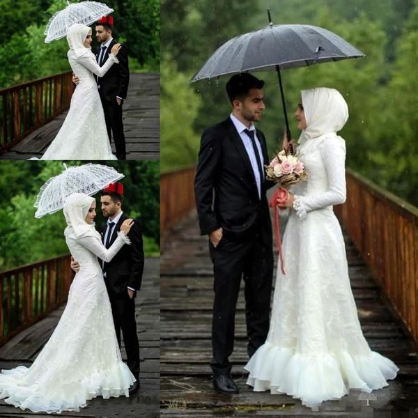 

Мусульманские хиджаб Свадебные платья с длинным рукавом Элегантные кружевные аппликации высокой шеи Свадебные платья на заказ мода плюс размер свадебное платье