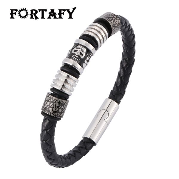 

trendy men jewelry accessories black braided leather skull bracelet punk steel magnet clasp woven wristband male bracelet ps0417, Golden;silver