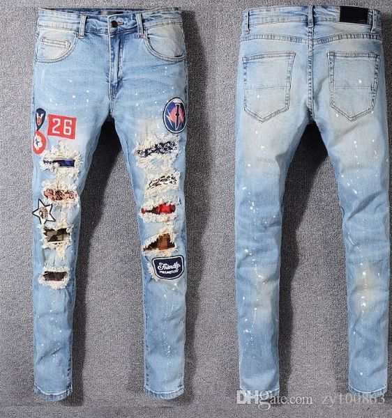 

new fashion men holes jeans men runway biker jeans man straight slim denim casual trousers fashion casual designer men pan, Blue