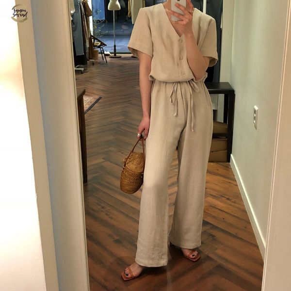 

rompers womens jumpsuit summer short sleeve cotton linen loose janpan korean style wide leg long pants casual overall female, Black;white