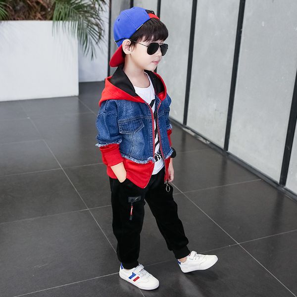 

2019 spring autumn models boys girls sports leisure denim three-piece, White