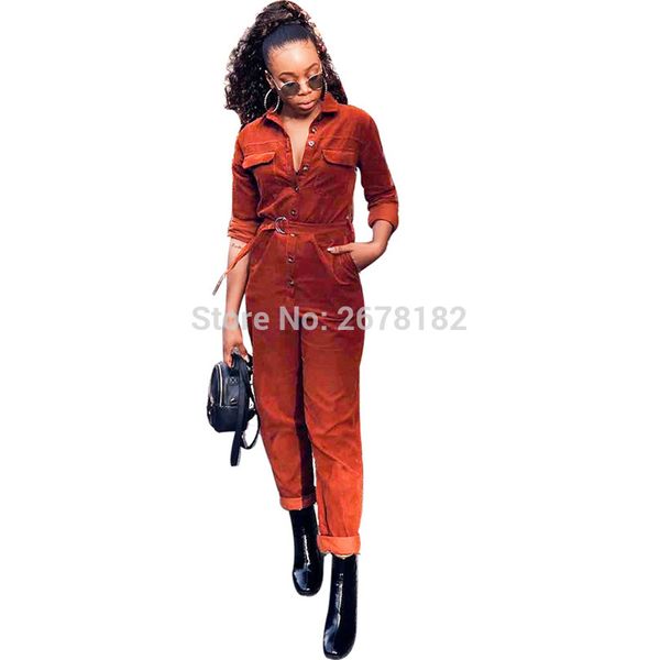 

side pocket casual corduroy jumpsuit women button up long sleeve shirt romper autumn high street solid full length overall s3467, Black;white