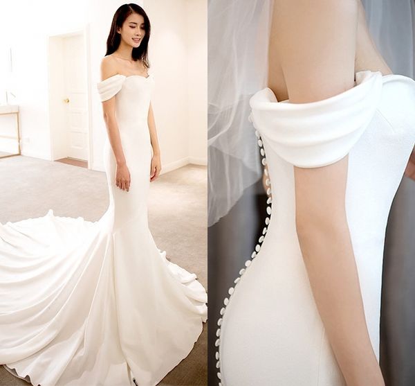 

2019 off the shoulder mermaid satin wedding dresses simple buttons wedding bridal gowns robe de mariee plus size customed, White