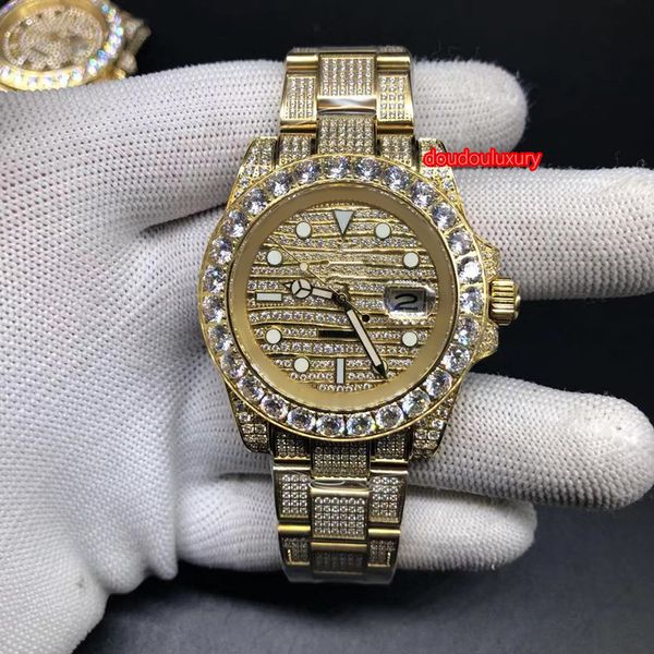 

gold diamond men's watch gold diamond stainless steel strap calendar timing watches automatic mechanical watch, Slivery;brown