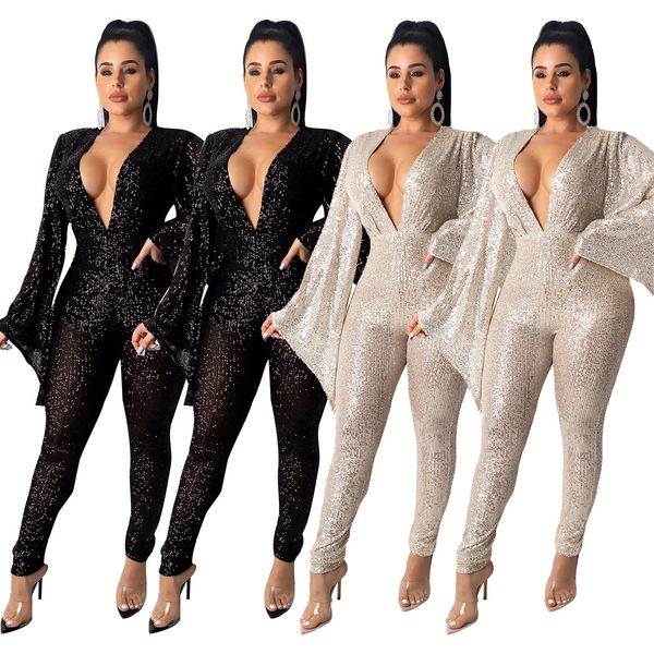 

69nk079 women's popular sequin wide sleeve jumpsuit nightclub style and fashion autumn casual trousers outwear, Black;white