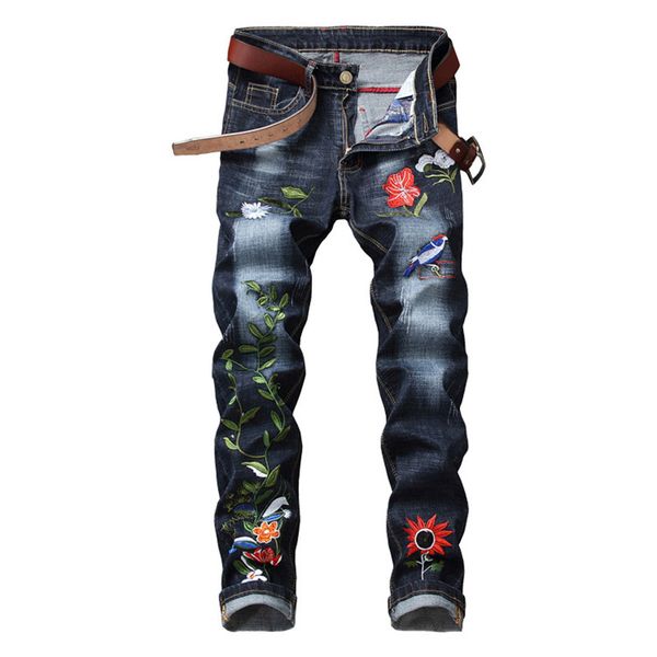 

2019 new fashion jeans men's embroidered zipper open men's small straight leg pants slim straight denim pants size 29-36 38, Blue