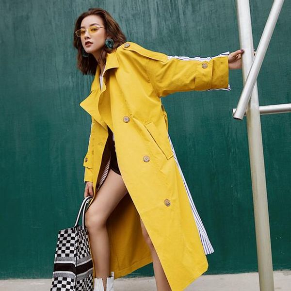 

patchwork striped windbreaker coat female long sleeve lace up trench overcoat women clothes 2019 autumn new dc602, Tan;black