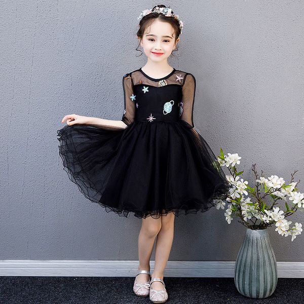 

kids princess black dress party wedding dance prom gown sleeveless sequin cartoon ceremonial robe elegant tulle layered dresses, Red;yellow