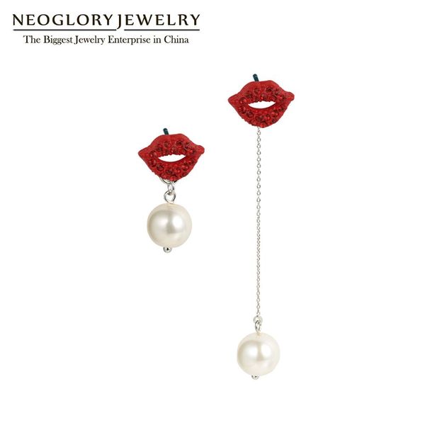 

neoglory asymmetric red lips and white ball dangle earrings for women 2019 statement gift for girlfriend, Silver