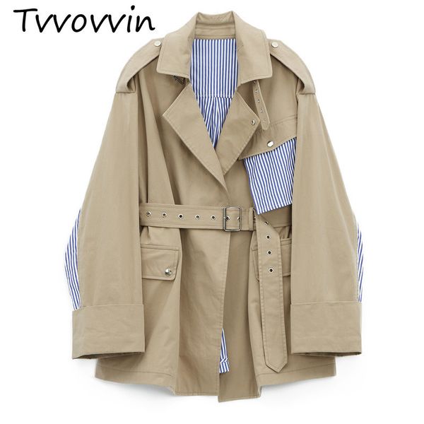 

tvvovvin loose fit khaki striped stitch big sizejacket new lapel long sleeve women coat fashion tide autumn winter 2019 c678, Tan;black