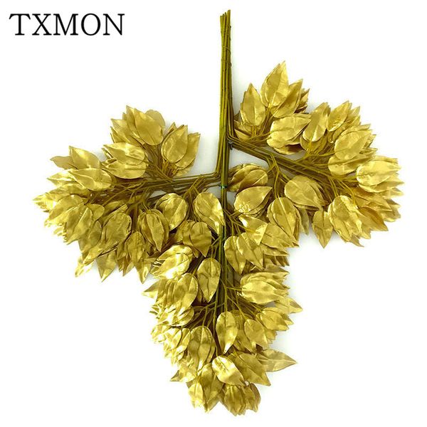 

12pcs eucalyptus leaves color printed silk artificial green plant fake flowers home garden craft decorative gold tree branches