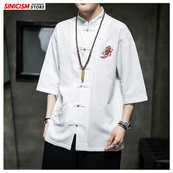 

sinicism store black cotton linen chinese style shirt mens fashion 2020 summer embroidery mens shirts male whiter shirt clothing, White;black