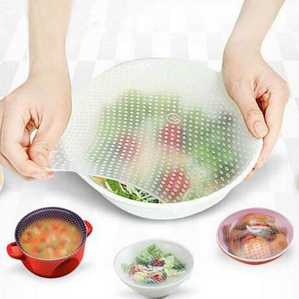 4 pezzi Set involucri in silicone Strumenti di copertura per guarnizioni Coperchio elasticizzato riutilizzabile Pellicola per avvolgere gli alimenti Coperture per la conservazione del frigorifero Sigillatore sottovuoto Attrezzo da cucina BH2110 CY