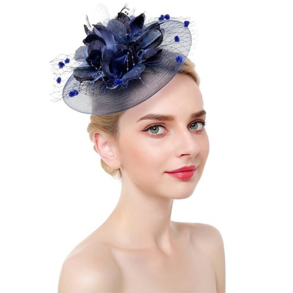 

women fascinator hat elegant bridal wedding with clip headband mesh party cocktail flower hair accessories headwear, Blue;gray