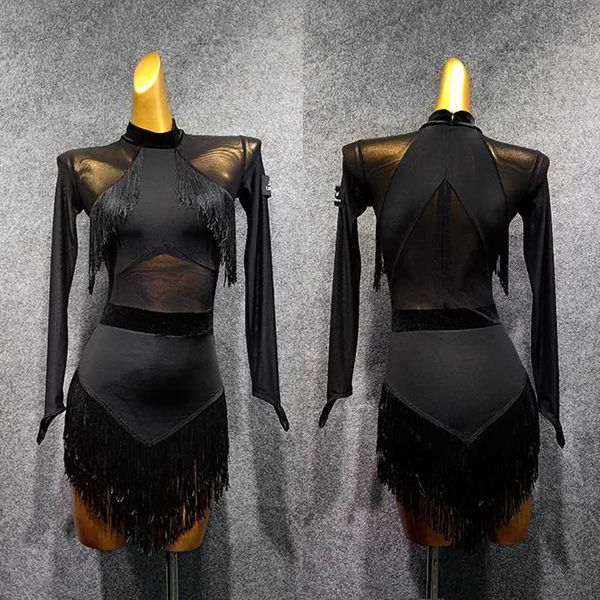 

латинский танец платье женский взрослые черный с длинным рукавом кисточкой производительность практика dreses румба cha cha самба танцы одеж, Black;red