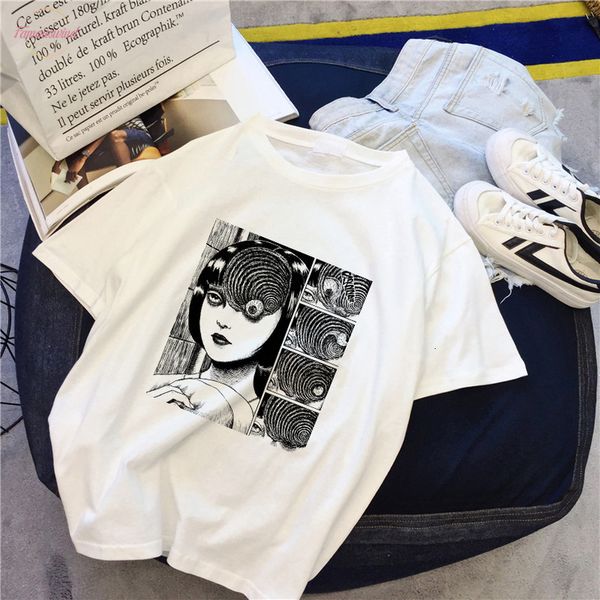 

dark print personality bf japanese cartoon print shirt female summer new fashion loose chic harajuku set o neck casual female t shirt, White