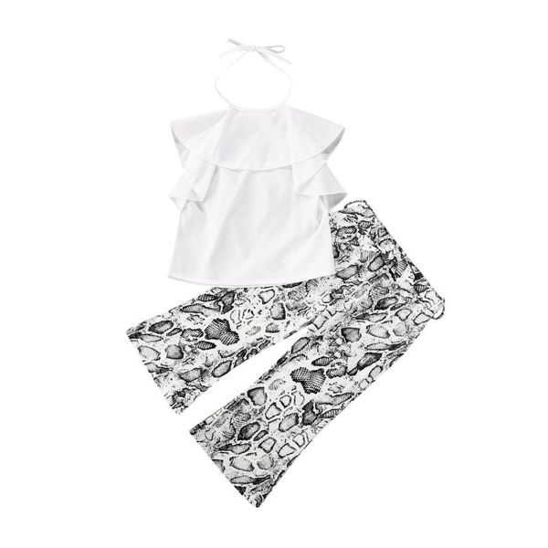 

kids girls fashion 2pcs outfit set halter solid color sleeveless +snake skin pattern long pants set summer casual clothes, White