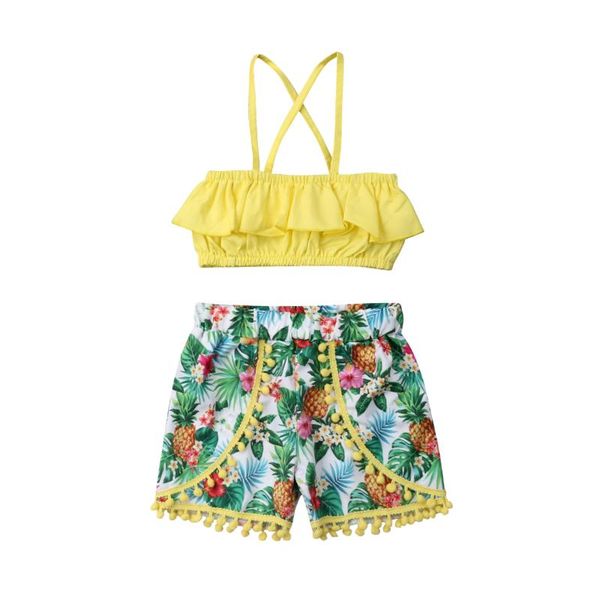 

1-7y summer holiday beachwear toddler kids baby girls 2pcs ruffles sleeveless vest floral tassel shorts, White