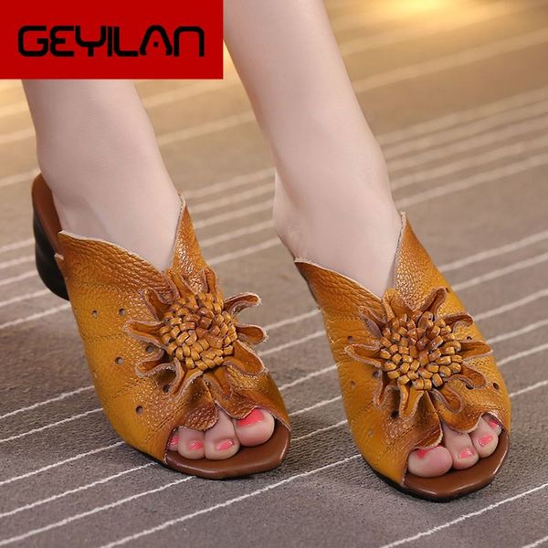 

2020 summer women shoes wedges sandals genuine leather handmade flower square heels comfotable women slides, Black