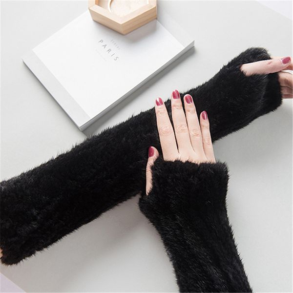 

2019 new fashion long section knit warm real knit gloves winter ladies go out natural soft warm fur gloves, Blue;gray