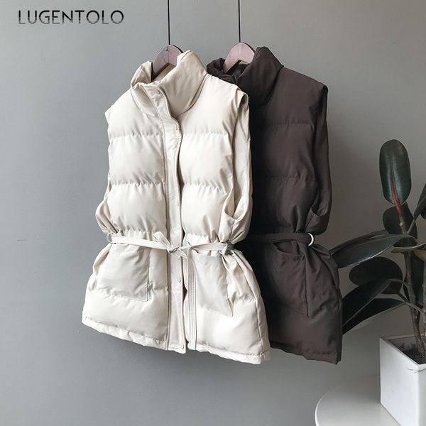 

lugentolo women vest winter warm coat new standing collar loose solid bread clothing thicken lacing casual lady simple vests, Black;white