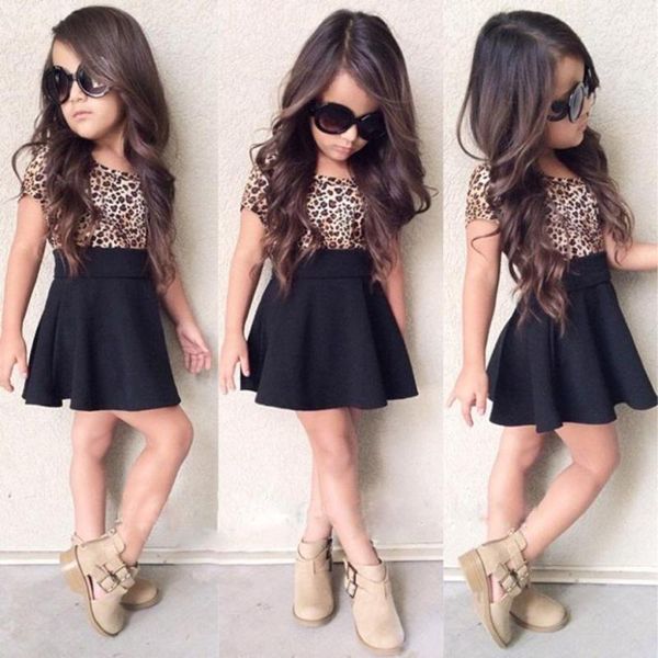

fashion girls leopard dress baby spring birthday party holiday dress cute summer children kids short-sleeves, Red;yellow