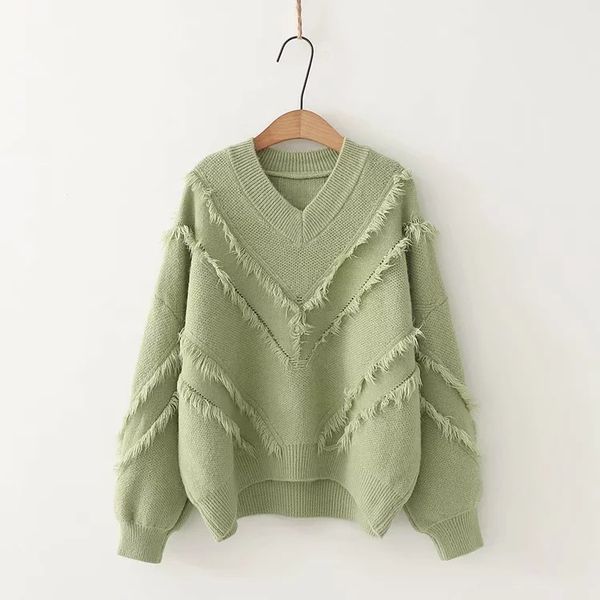

fresh simple solid color tassel knit pullover sweater 61719, White;black