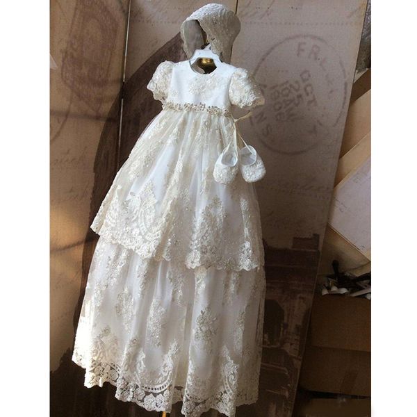 

vintage lace christening gowns for baby girls short sleeves appliqued beads baptism dresses with bonnet first communication dress, White