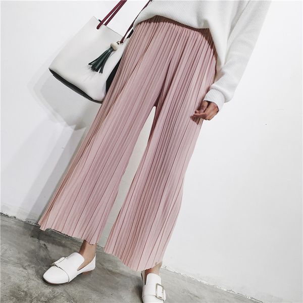 

women pants spring 2019 summer pants high waist pleated wide leg pants women solid loose wide leg casual ladies ankle length trousers, Black;white