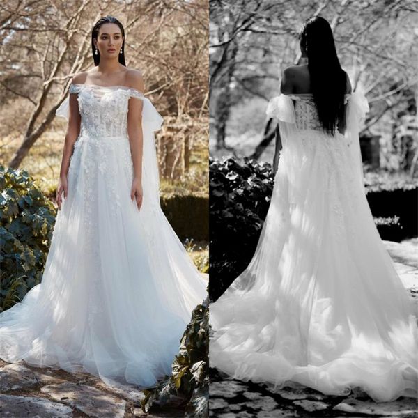 

boho a line wedding dresses bateau sleeveless appliqued lace tulle braidal dresses sweep train beach vestidos de novia custom made, White