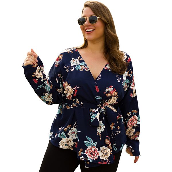 

aiyigu плюс размер офис дамы блуза большой большой размер женщина моды цветочные печати рубашки v-образным вырезом длинные рукава одежды с п, White