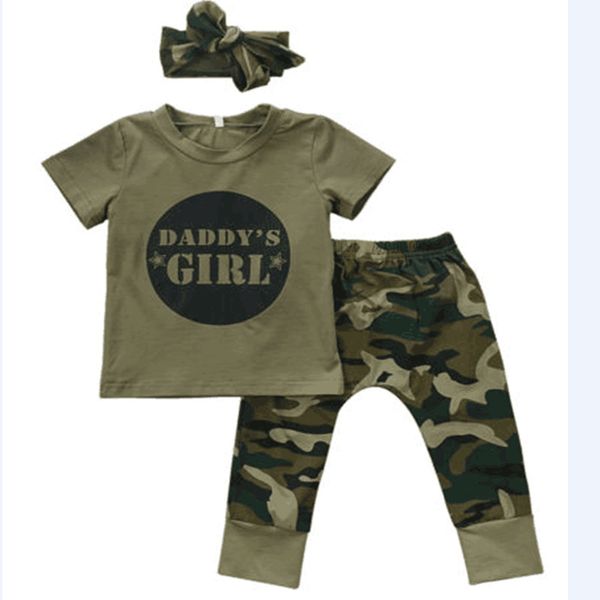 

0-2 years old daddy's girl letter camouflage 3 pieces with a headband, White