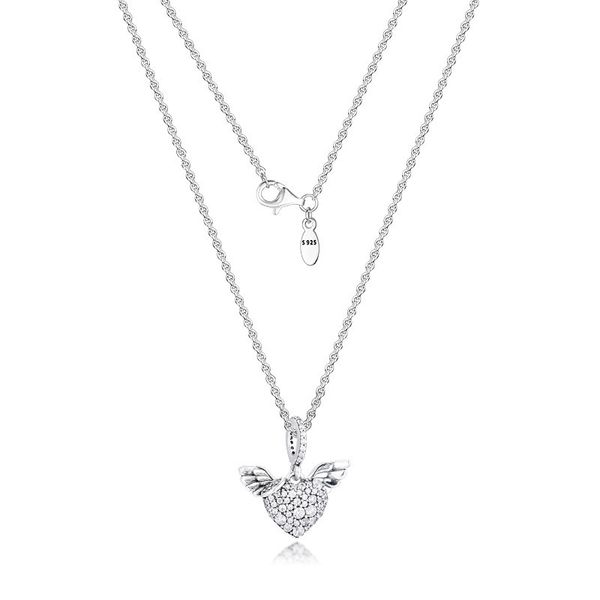 

pave stones heart & angel wings silver necklaces for women fashion female choker necklace 925 sterling silver jewelry chain girl
