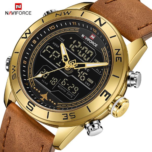 

luxury brand men naviforce 9144 gold army military watch led digital leather sports watches quartz mens clock relogio masculino ly191216, Slivery;brown