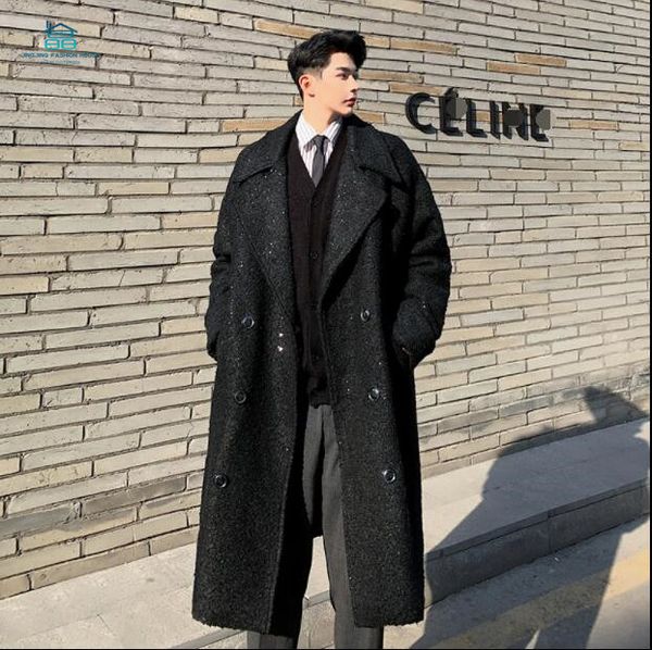 

men's loose-silhouette wool coat in a long, double-breasted sequined wool coat in winter 2019, Black