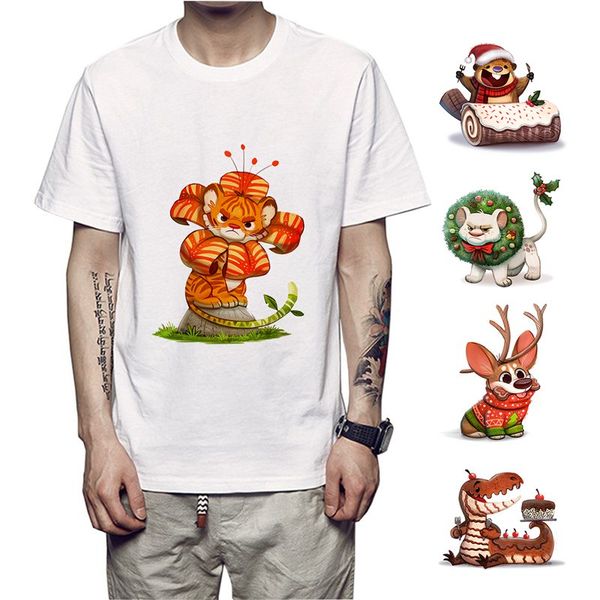 

kawaii art design tiger dinosaur dog print cotton o-neck short sleeve shirtfashion casual cartoon tee plus size a194112, White;black