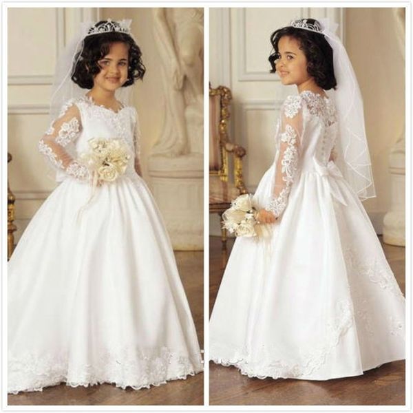 Edel angewandte Blumenmädchenkleider für Hochzeits Bateau Neck Kleinkind Festzug Kleider bodenlange Satin Langarm Kinder Prom Kleid 407