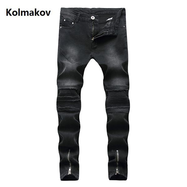 

2019 zipper style casual slim fit elastic jeans men ,men's straight classic black jeans , wrinkle men 28-38, Blue
