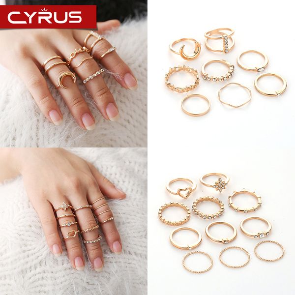 

8/11 pcs ring set rhinestone rings for women men love heart moon wave shape gold anillo couple ring wide jewelry accessories, Golden;silver