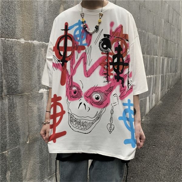 

2020 новый корейский стиль ins ручная роспись граффити распечатана с коротким рукавом мужская футболка мужская мода молодежи свободный хип-х, White;black
