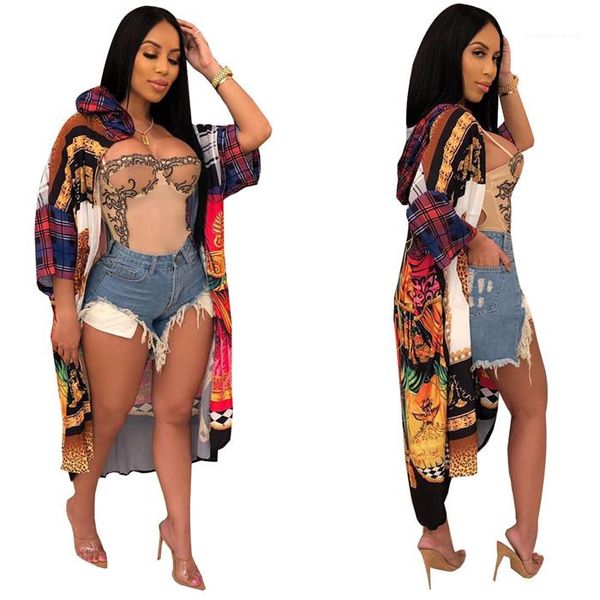 

long outerwear print hooded casual loose coats fashion sleeve sleeve beach holiday gown womens clothing shawl, Black