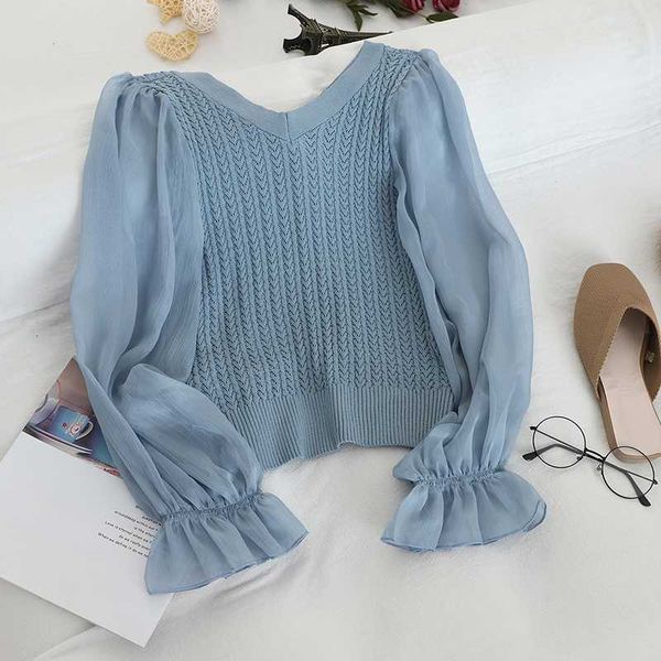 

women's sweaters 2021 spring chiffon patchwork knitting blouse women elegant fashion v-neck flare sleeve slim shirt q1258, White;black