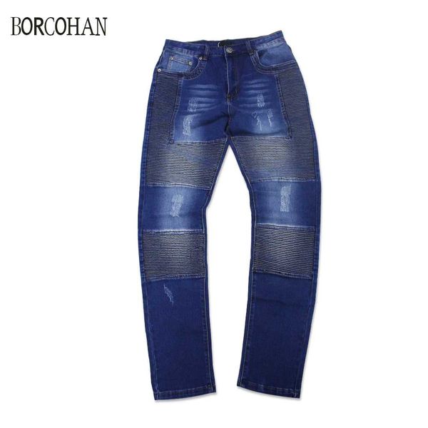

menswear slim jeans patchwork motorcycle jeans stretch frayed yk153, Blue